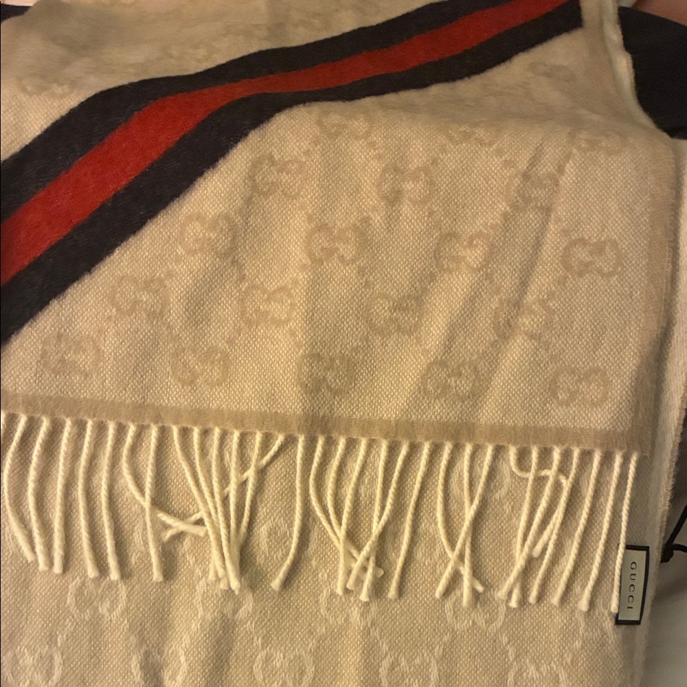 Gucci Beige Scarf with Red and Navy Stripe with fringe